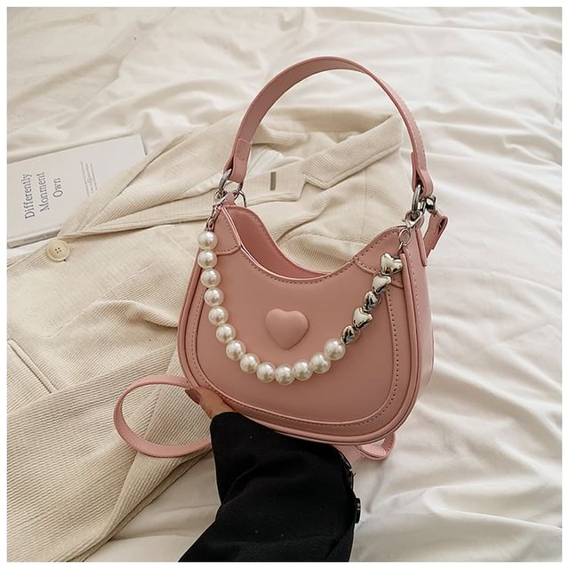 Heart Faux Pearl Chain Shoulder Bag