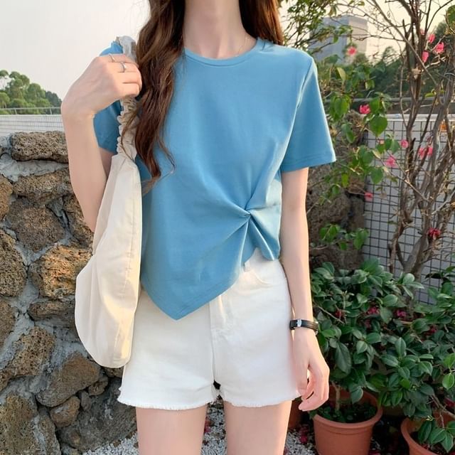 Plain Neck Short-Sleeve Ruched Asymmetrical Crew T-Shirt