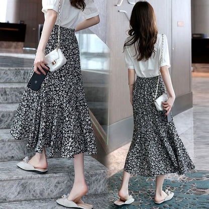 Print Midi Waist Elastic Skirt Floral A-Line