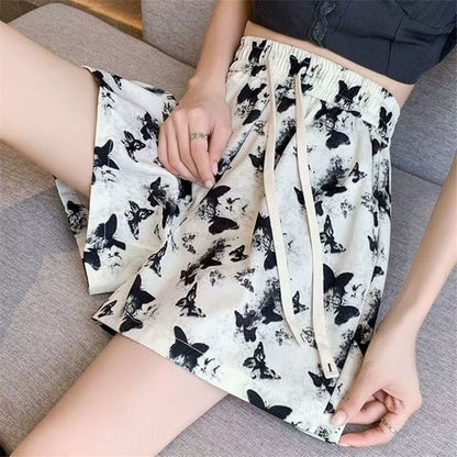 Drawstring Butterfly Shorts Waist Print