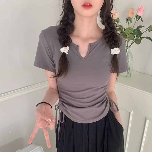 Tee Neck Plain Waist Short-Sleeve Drawstring Notch