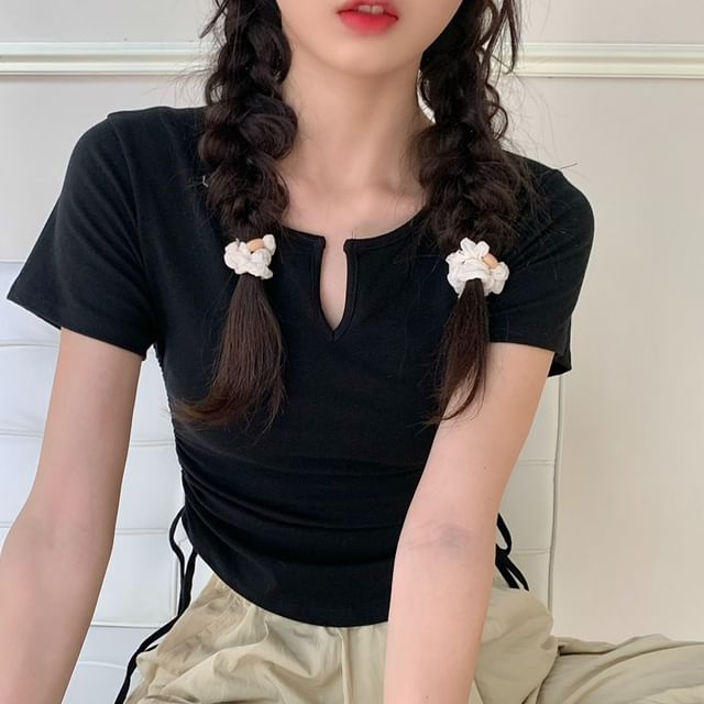 Tee Neck Plain Waist Short-Sleeve Drawstring Notch