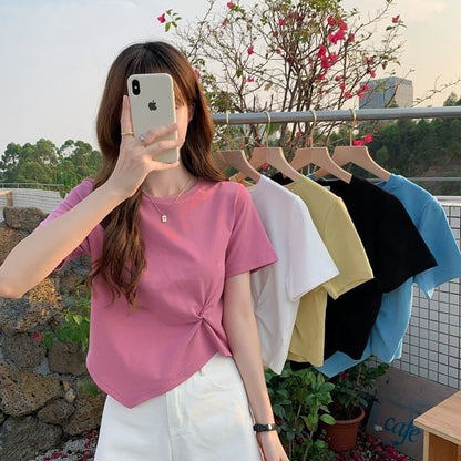 Plain Neck Short-Sleeve Ruched Asymmetrical Crew T-Shirt