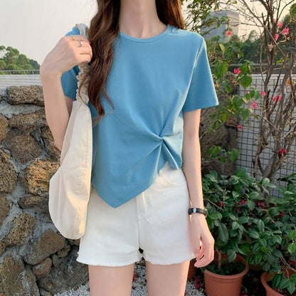 Plain Neck Short-Sleeve Ruched Asymmetrical Crew T-Shirt