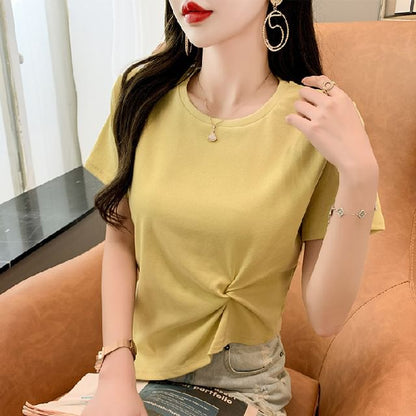 Plain Neck Short-Sleeve Ruched Asymmetrical Crew T-Shirt