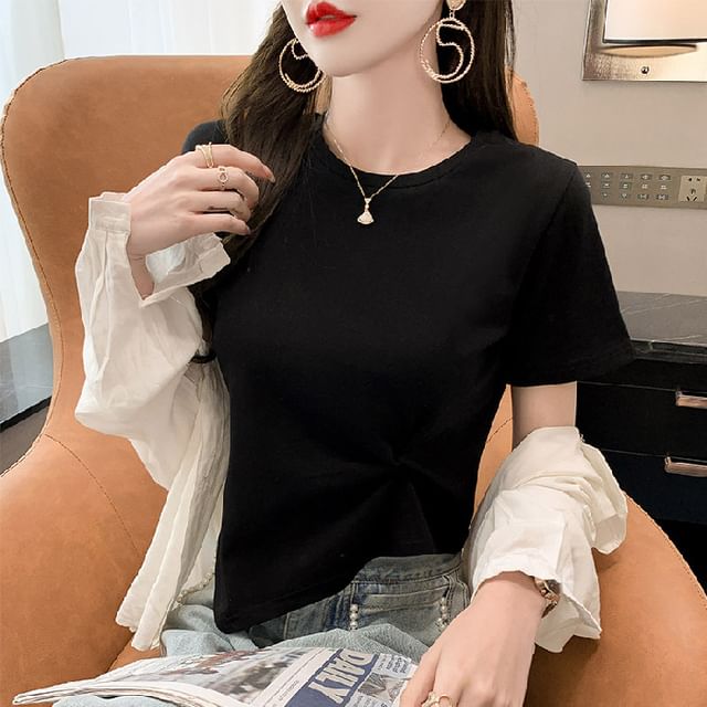 Plain Neck Short-Sleeve Ruched Asymmetrical Crew T-Shirt