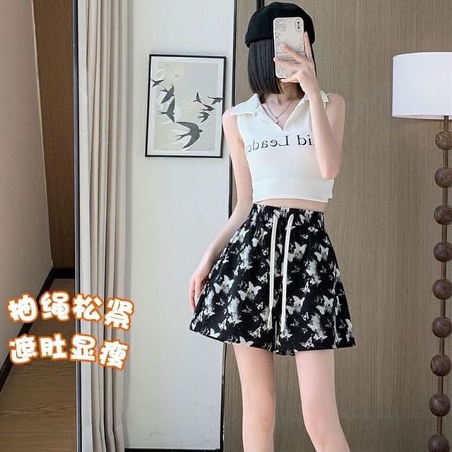 Drawstring Butterfly Shorts Waist Print