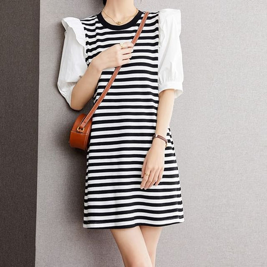 Short-Sleeve Round Neck Striped Panel Ruffle Trim Mini A-Line Dress