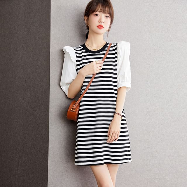 Short-Sleeve Round Neck Striped Panel Ruffle Trim Mini A-Line Dress