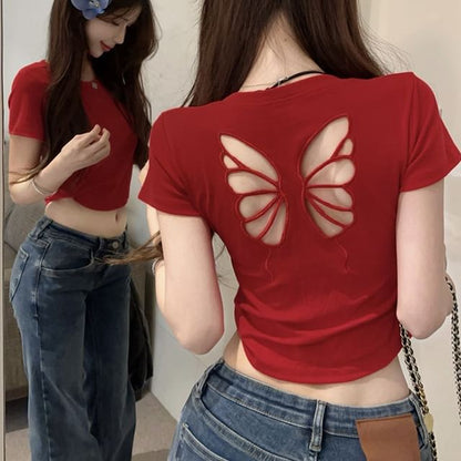 Short Sleeve Crew Neck Butterfly Cutout Crop T