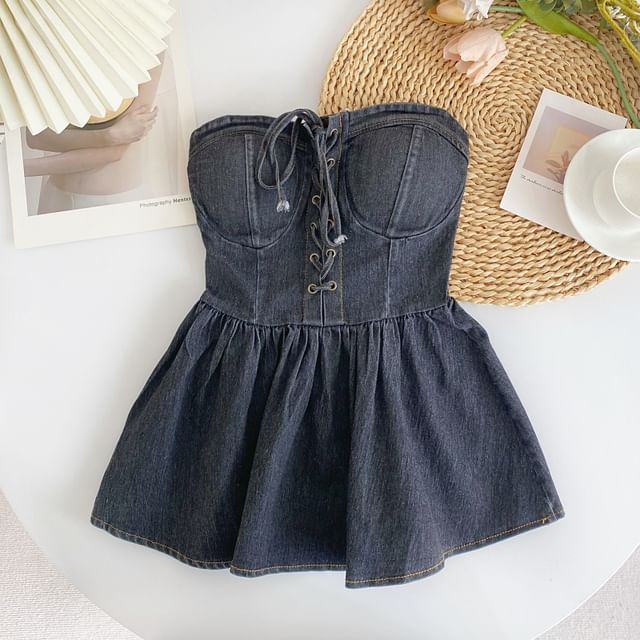 Lace-Up Peplum Denim Bustier Top