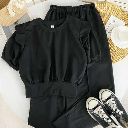 Set: Short-Sleeve Round Neck Crop Tee + Elastic Waist Wide Leg Pants