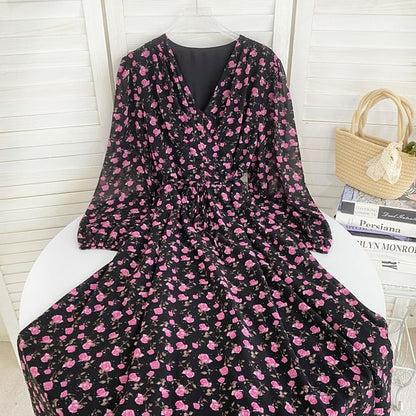 Long-Sleeve V-Neck Floral Midi A-Line Dress