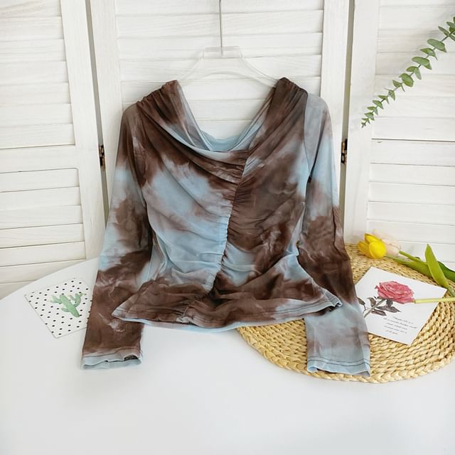 Long-Sleeve Cowl Neck Tie Dye Ruched Mesh Top