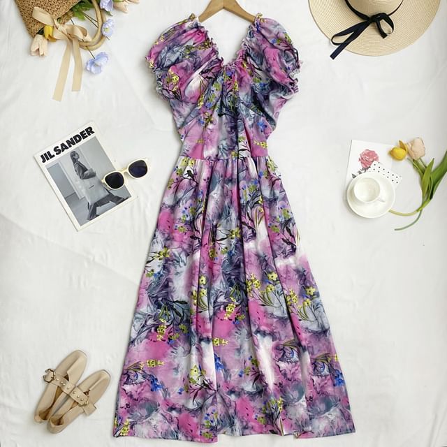 Cap-Sleeve V-Neck Floral Midi A-Line Dress