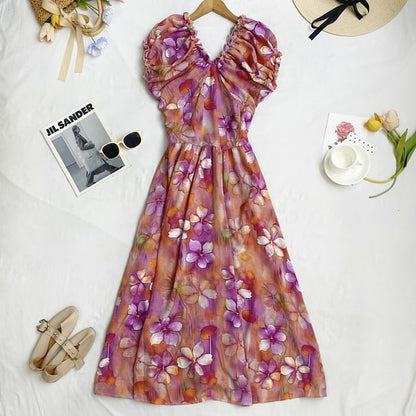 Cap-Sleeve V-Neck Floral Midi A-Line Dress