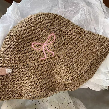 Knit Hat Embroidered Bow Bucket