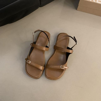 Plain Buckled Faux Leather Slingback Flat Sandals