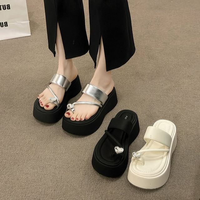 Slide Rhinestone Heart Sandals Toe Platform Loop