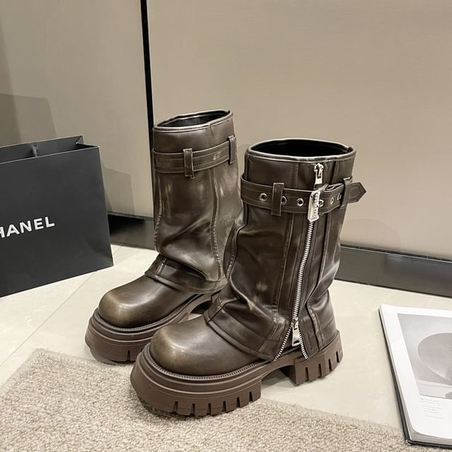 Boots Buckled Mid-Calf Platform Heel Chunky