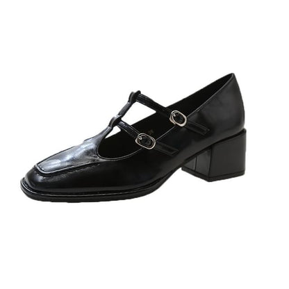 Heel Double-Strap Pumps Mary Toe Jane Chunky Square