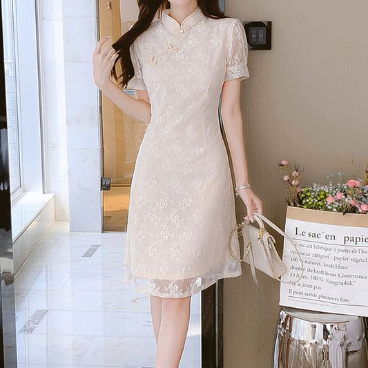 Traditional Chinese Short-Sleeve Stand Collar Contrast Trim Frog Buttoned Lace A-Line Dress