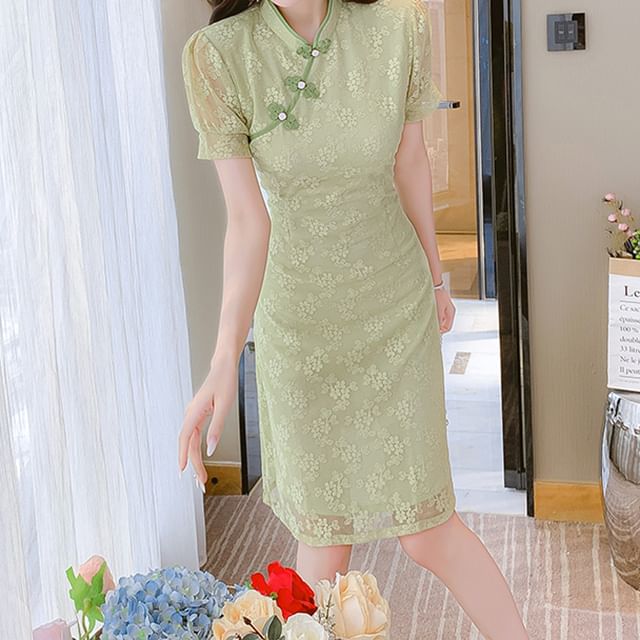 Traditional Chinese Short-Sleeve Stand Collar Contrast Trim Frog Buttoned Lace A-Line Dress