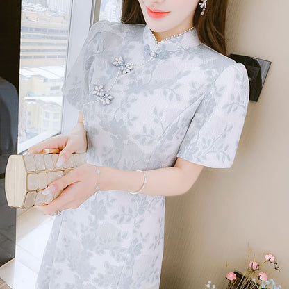 Traditional Chinese Short-Sleeve Stand Collar Faux Pearl Accent Frog Buttoned Lace Midi A-Line Dress