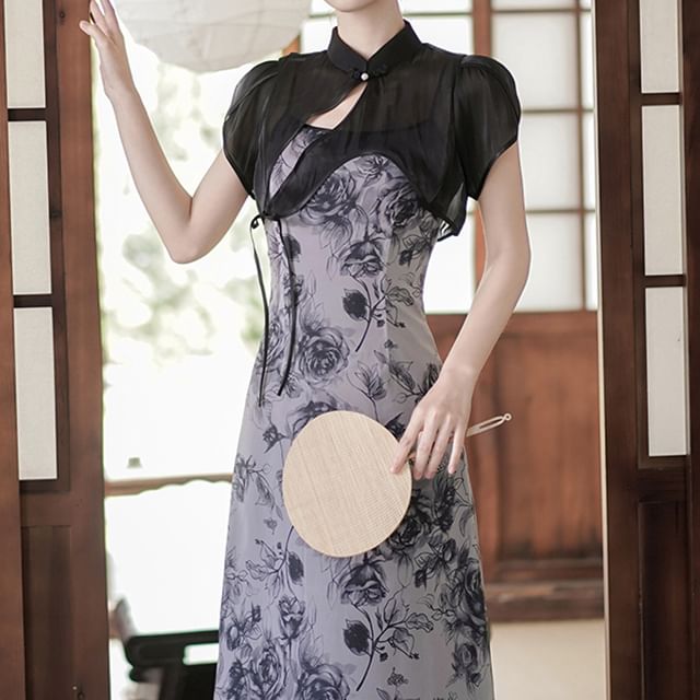 Traditional Chinese Set: Spaghetti Strap Scoop Neck Floral Print Midi A-Line Dress + Short-Sleeve Stand Collar Plain Asymmetrical Cutout Frog Buttoned Shrug