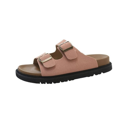 Double Buckle Plain Slide Sandals