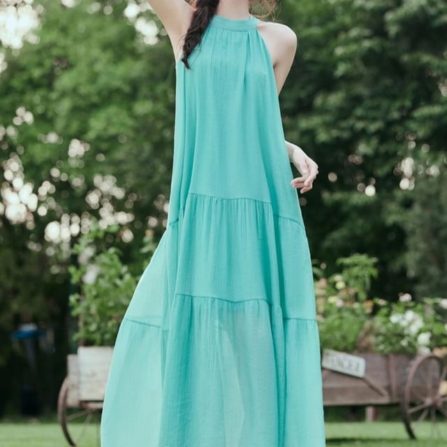 Sleeveless Crew Neck Plain Tiered Maxi A