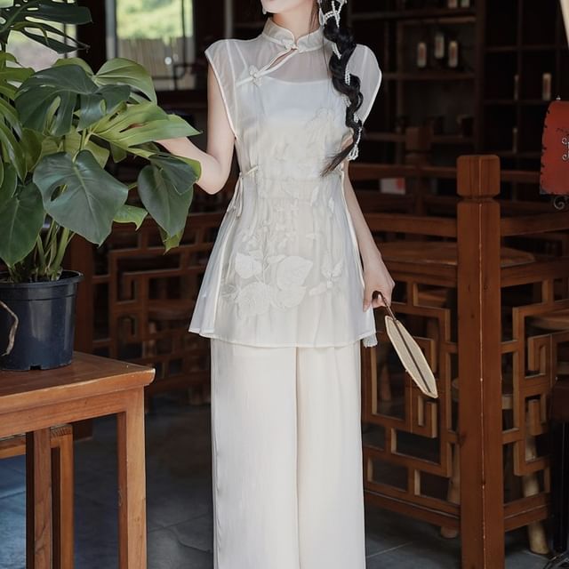 Set: Sleeveless Mandarin Collar Embroidered Top + Camisole Top + High Waist Plain Wide Leg Pants