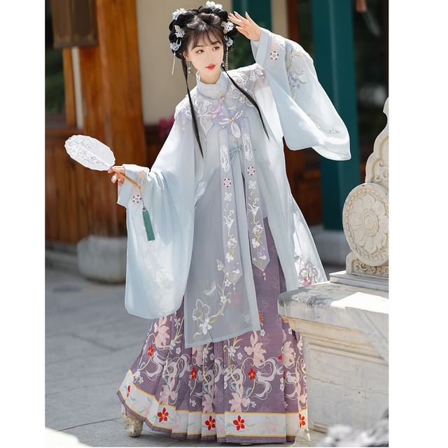 Flower Hanfu Jacket / Camisole Top / Maxi Skirt / Scarf / Set