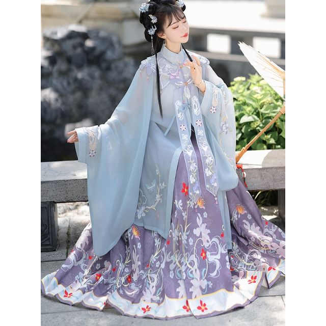 Flower Hanfu Jacket / Camisole Top / Maxi Skirt / Scarf / Set