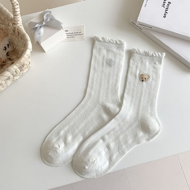 Bear Embroidered Frill Trim Socks