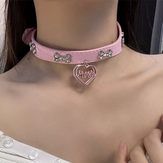 Leather Choker Rhinestone Heart Faux