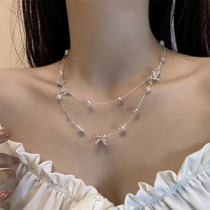 Pearl Faux Butterfly Layered Necklace