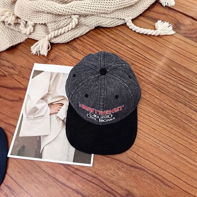 Lettering Embroidered Corduroy Cap