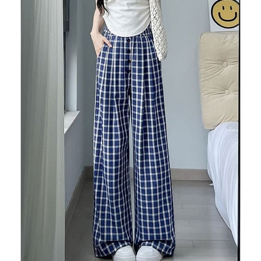 Button Applique High Rise Elastic Waist Plaid Wide Leg Pants