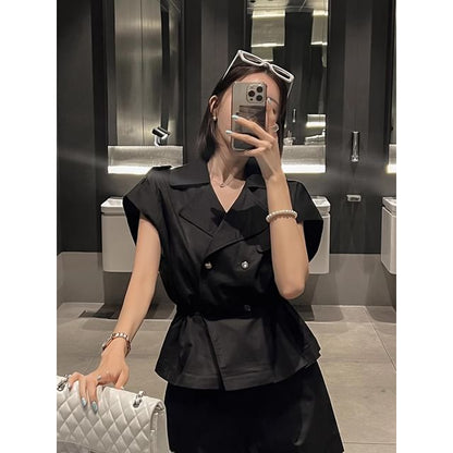 Short-Sleeve Notch Lapel Plain Peplum Double-Breasted Jacket