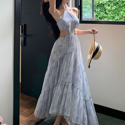 Maxi A-Line Cutout Floral Dress Halter