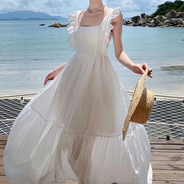 Trim Back Dress Maxi Plain Lace A-Line Open Sleeveless