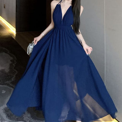 Plain A-Line Halter Maxi Side-Slit Dress