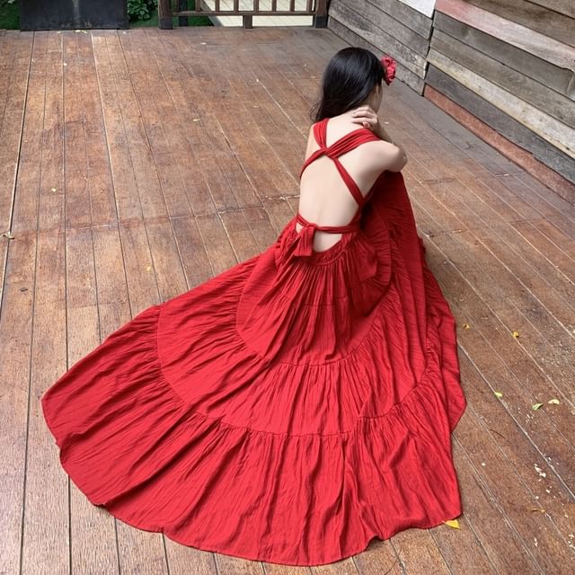 V-Neck Sleeveless Plain Maxi Dress A-Line