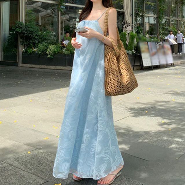 Print Strap Spaghetti Sundress Maxi Leaf
