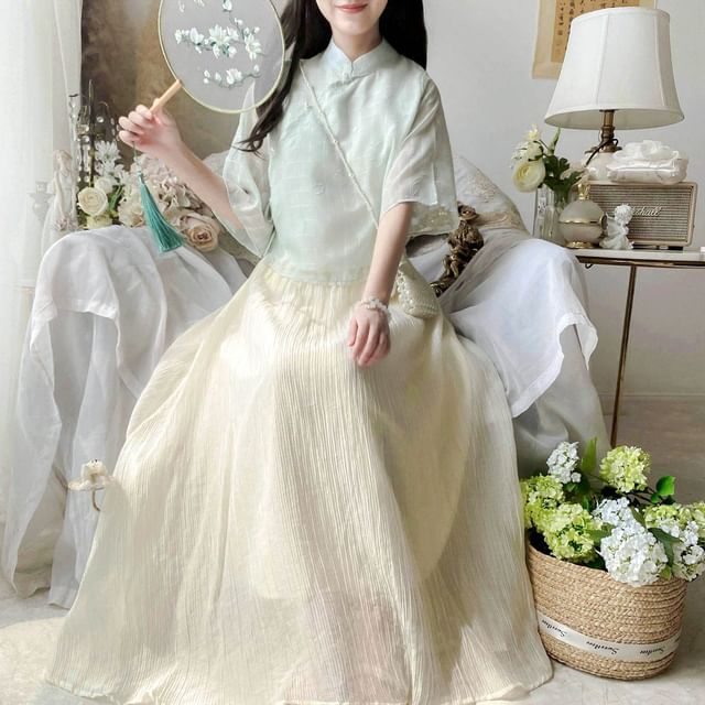 Set: Elbow-Sleeve Plaid Hanfu Blouse + High Waist Plain Maxi A-Line Skirt