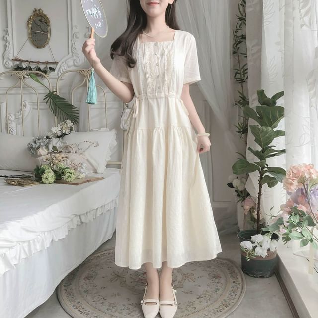 Short-Sleeve Square Neck Plain Lace Trim Midi A-Line Dress