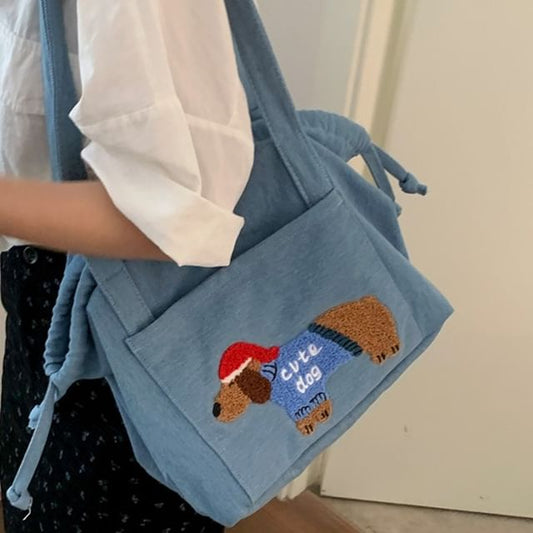 Dog Applique Drawstring Denim Tote Bag