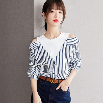 Striped Long Sleeve Cold Shoulder Shirt