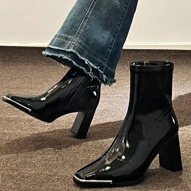 Short Chunky Leather Heel Boots Patent Plain Zip-Up